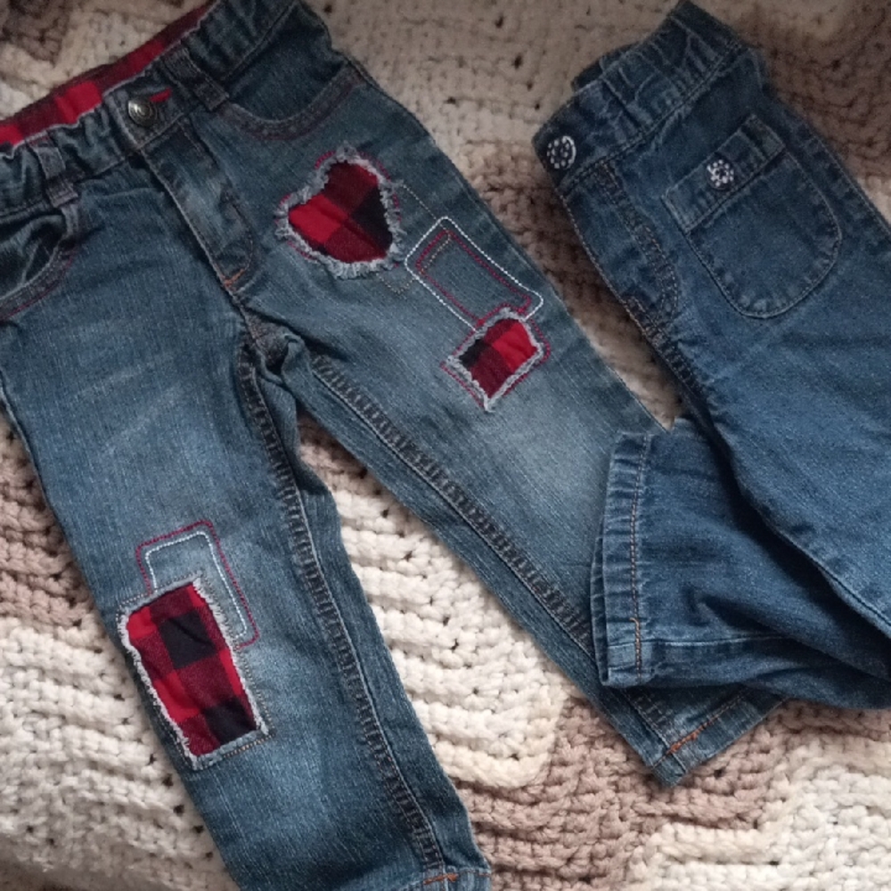 Wonderkids Blue Jeans with Red Plaid Patches